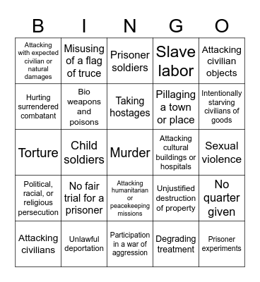 War Crimes Bingo Card