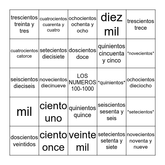 LOS NUMEROS 101-1,000 Bingo Card