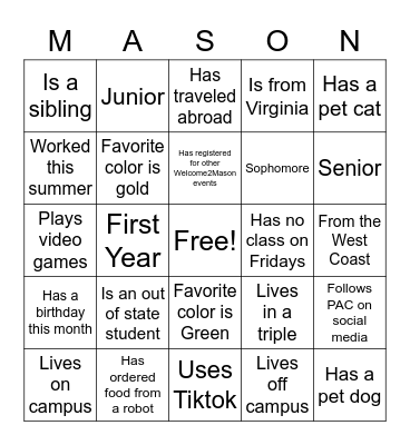 Mason Mingle Bingo! Bingo Card