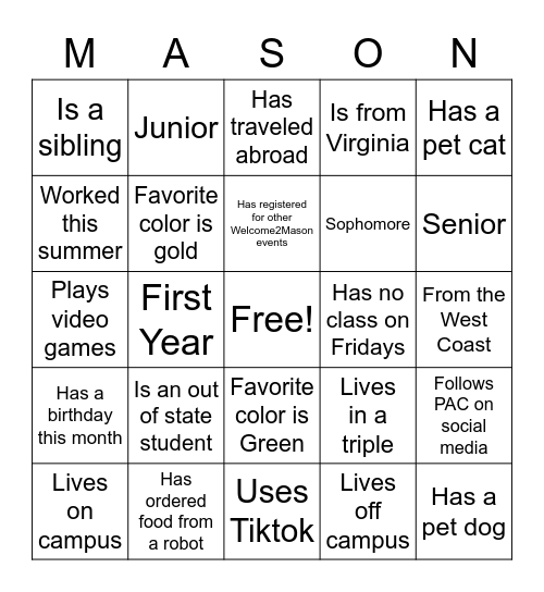 Mason Mingle Bingo! Bingo Card