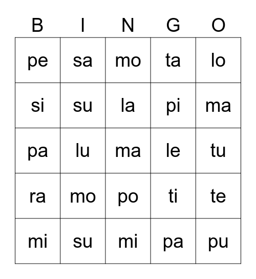 Bingo de silabas Bingo Card