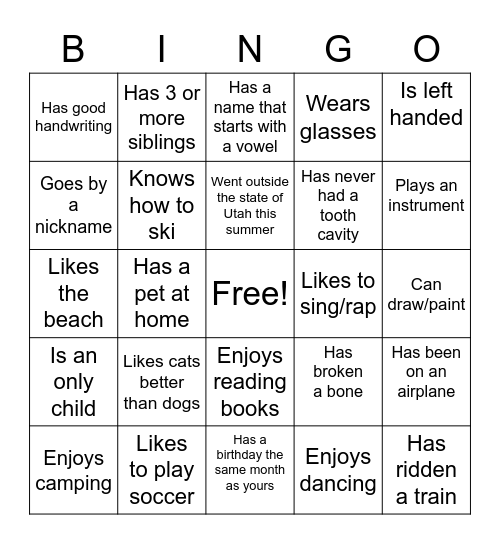 Get to Know You Bingo Card