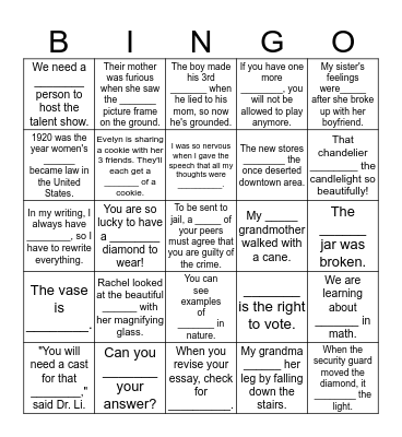 Frail, fract, frag = break, shatter Bingo Card