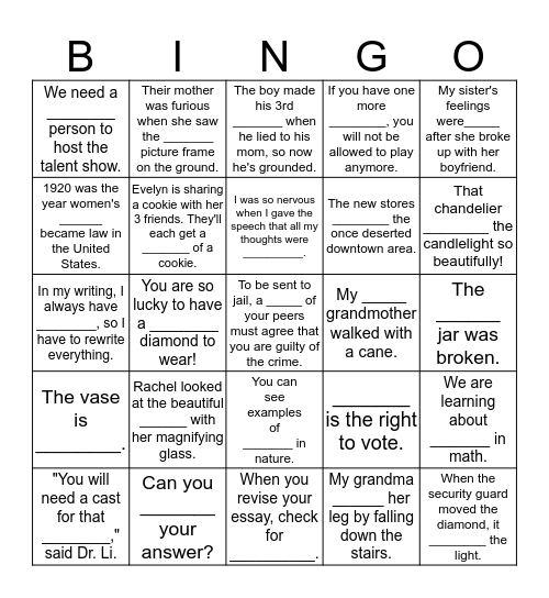 Frail, fract, frag = break, shatter Bingo Card