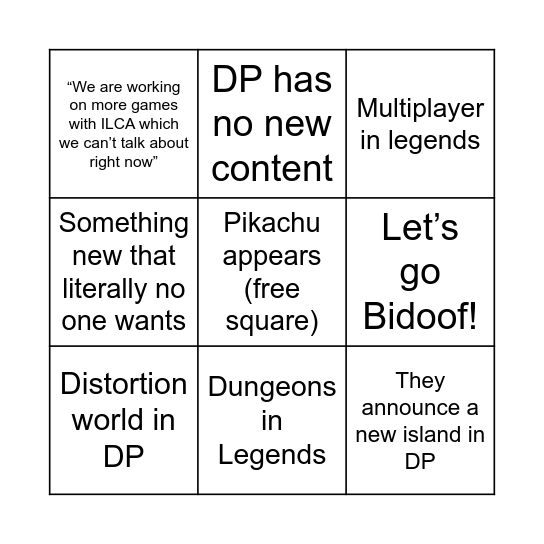 Pokémon Presents Bingo Card