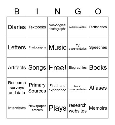 Primary and Secondary Sources BINGO Card