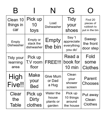 Clean Up Bingo Card