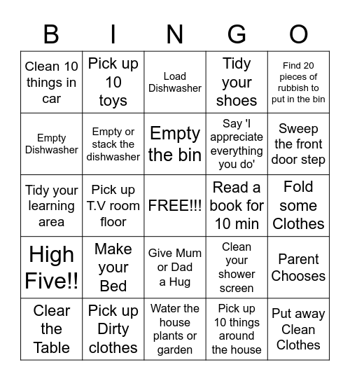 Clean Up Bingo Card