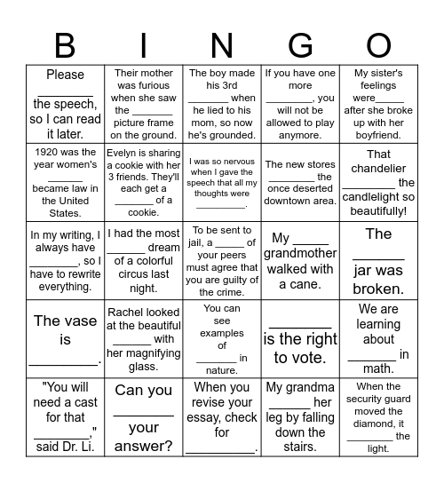 Frail, fract, frag = break, shatter Bingo Card