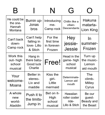 Disney musical bingo Card