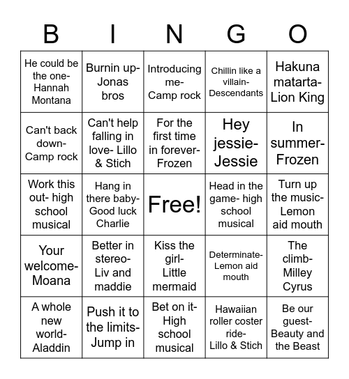 Disney musical bingo Card