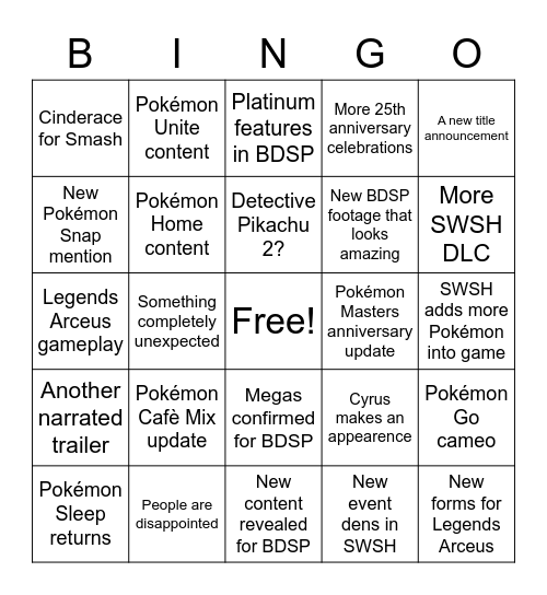 Pokémon Presents Bingo Card