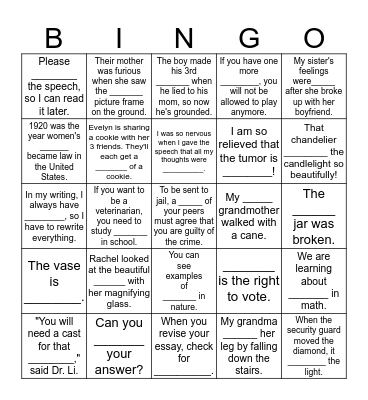 Frail, fract, frag = break, shatter Bingo Card