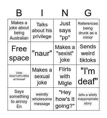 Chresman's personality as a bingo board Bingo Card