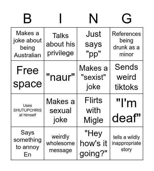 Chresman's personality as a bingo board Bingo Card