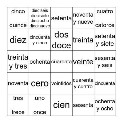LOS NUMEROS 0-100 Bingo Card