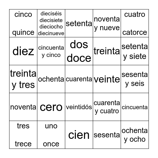 LOS NUMEROS 0-100 Bingo Card