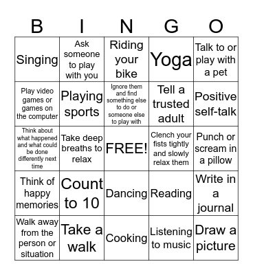 Coping Skills Bingo Card