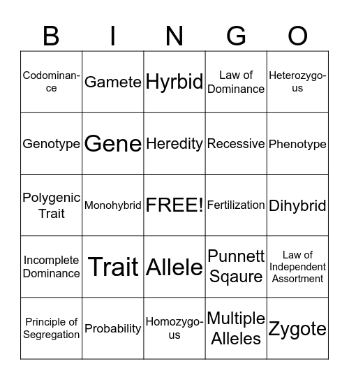 Genetics Vocabulary  Bingo Card