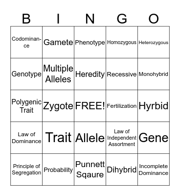 Genetics Vocabulary  Bingo Card