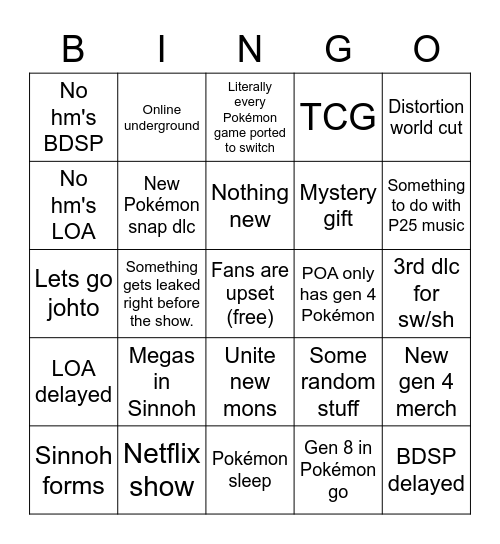 Pokémon Presents 18/08/21 Bingo Card