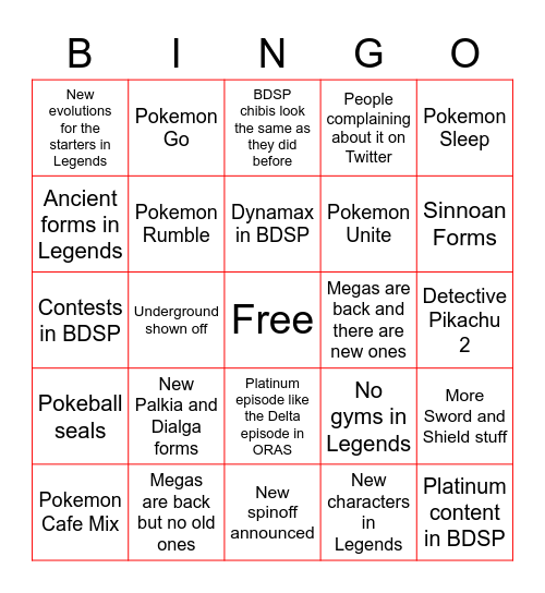 Pokemon Presents Bingo Card