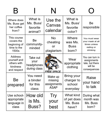 First Day of School Bingo - Ms. Buss World History I Bingo Card