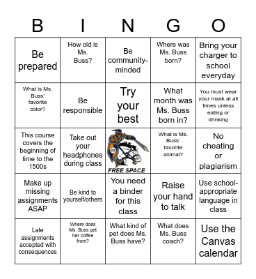 First Day of School - Ms. Buss Bingo Card