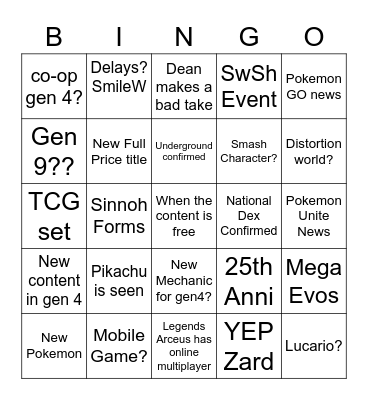 Pokemon Presents Bingo Card