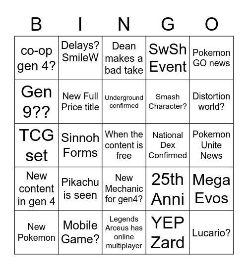 Pokemon Presents Bingo Card