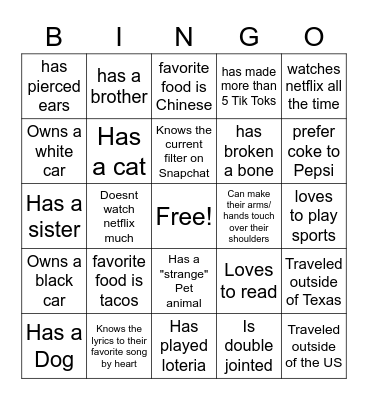 Getting to know you Bingo Card