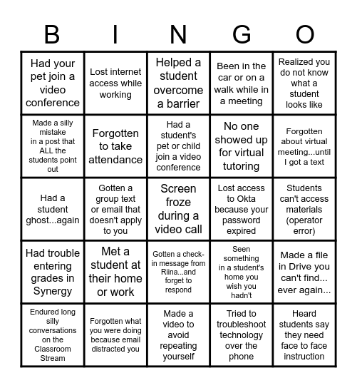 Online Team Building Bingo Card