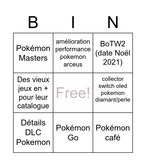 Pokémon Presents Bingo Card