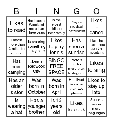 7th Grade Advisory Bingo Card