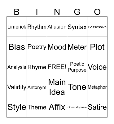 Reading bingo Card