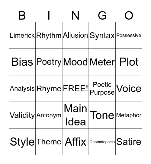 Reading bingo Card