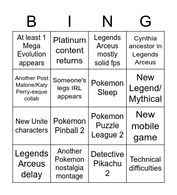 Pokemon Presents Bingo Card