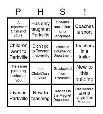 PHS Bingo Card