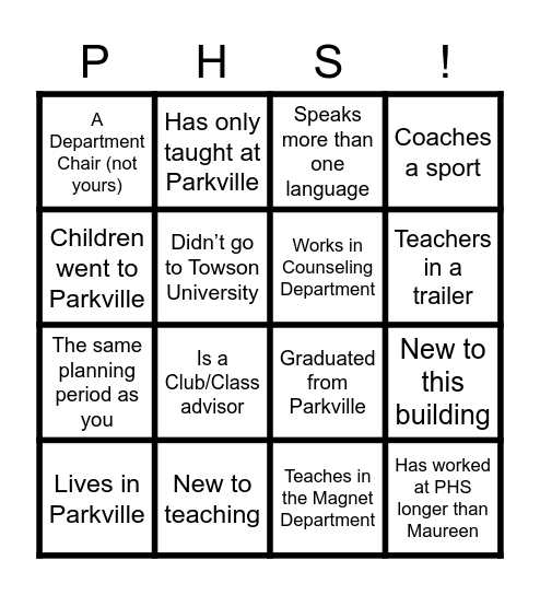 PHS Bingo Card