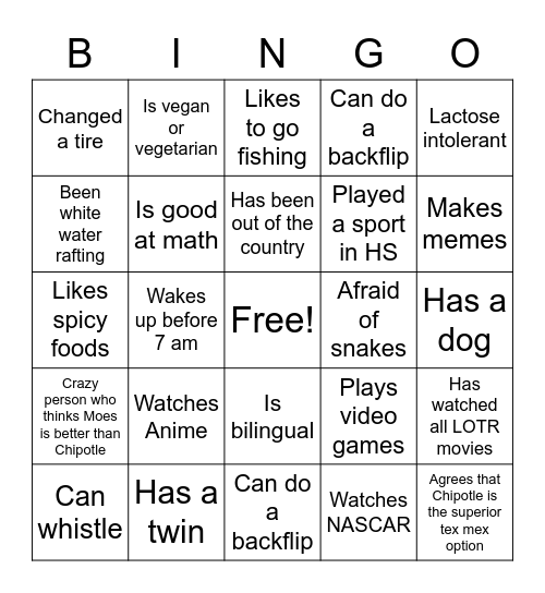 Model US Bingo Card