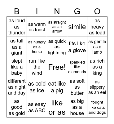 Simile Bingo Card