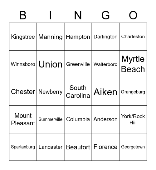 South Carolina Bingo Card