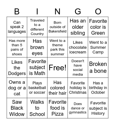 Classroom Bingo Card