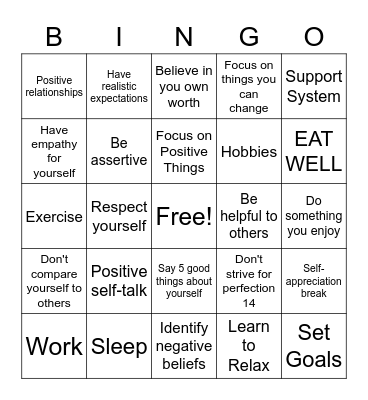 Self Appreciation Bingo Card