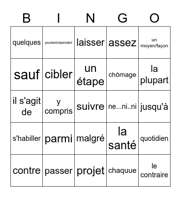 French 4 review vocabulary Bingo Card