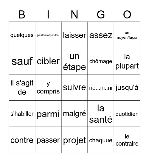 French 4 review vocabulary Bingo Card