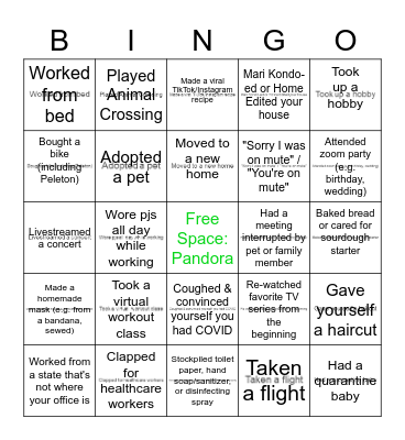 Quarantine Bingo Card