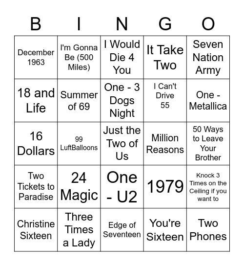 Songs with Numbers Bingo Card