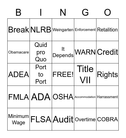 US Employment Law Bingo Card