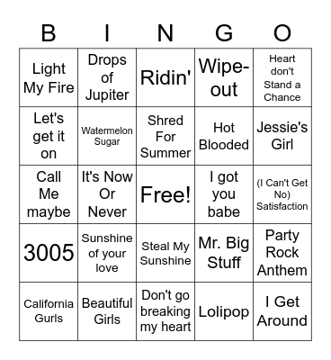 Songs of the Summer Bingo Card